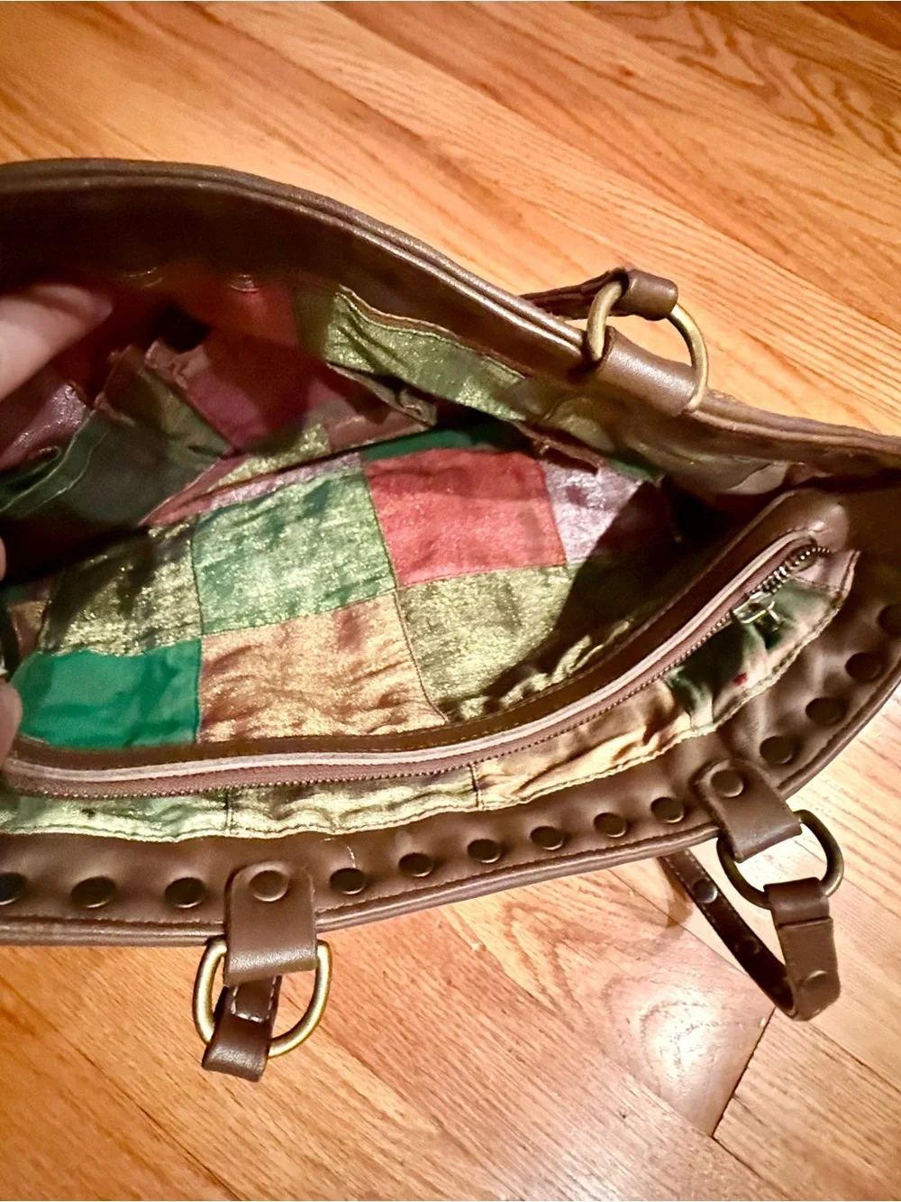 Isabella Fiore Brown Woven Shoulder Bag Beaded Mandala Pink & Green